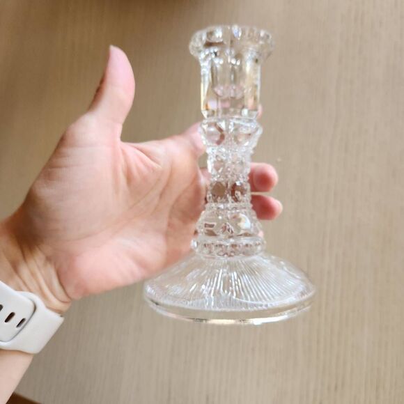 Clear pressed thick glass candlestick candle holder Victorian 90s vintage 6.5" - Picture 5 of 5